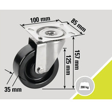 Lenkrolle mit den Maßen 100 mm x 85 mm, 157 mm Höhe, 125 mm Trägerhöhe, 35 mm Raddicke und 200 kg Traglast