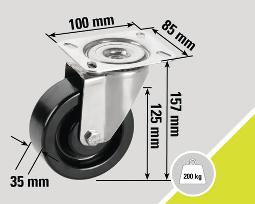 Lenkrolle mit den Maßen 100 mm x 85 mm, 157 mm Höhe, 125 mm Trägerhöhe, 35 mm Raddicke und 200 kg Traglast