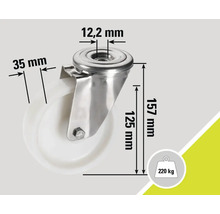Lenkrolle mit den Maßen 157 mm Höhe, 125 mm Raddurchmesser, 35 mm Radbreite, 12,2 mm Bohrloch und 220 kg Traglast