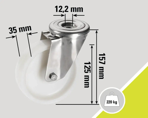 Lenkrolle mit den Maßen 157 mm Höhe, 125 mm Raddurchmesser, 35 mm Radbreite, 12,2 mm Bohrloch und 220 kg Traglast