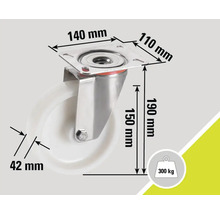Rolle mit den Maßen 140 mm x 110 mm, Höhe 190 mm, Raddicke 42 mm, Traglast 300 kg