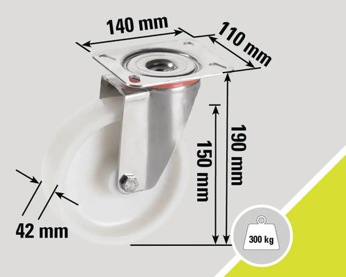 Rolle mit den Maßen 140 mm x 110 mm, Höhe 190 mm, Raddicke 42 mm, Traglast 300 kg