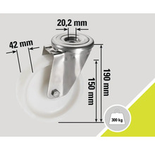 Rollenuntersatz mit einer Traglast von 300 Kilogramm und verschiedenen Maßangaben.