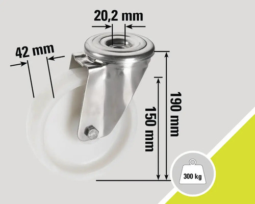 Rollenuntersatz mit einer Traglast von 300 Kilogramm und verschiedenen Maßangaben.