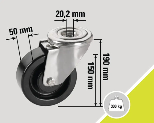 Rolle mit den Maßen 50 mm, 20,2 mm, 150 mm und 190 mm, Belastbarkeit 300 kg