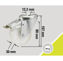Lenkrolle mit Bremse, Maße 107 x 80 x 30 Millimeter, Tragkraft 150 Kilogramm