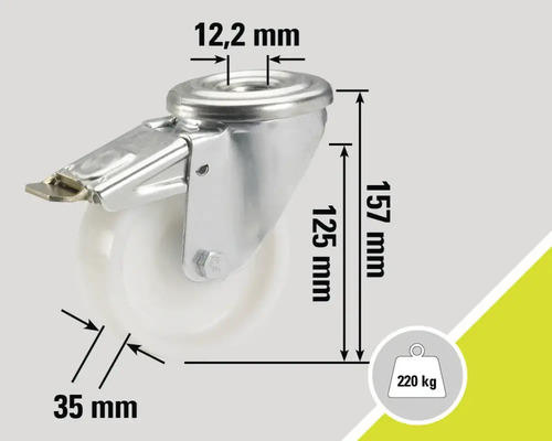 Rolle mit Bremse und Maßangaben