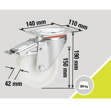 Lenkrolle mit Feststeller und Maßangaben: 140 mm, 110 mm, 190 mm, 150 mm, 42 mm, Traglast 300 kg
