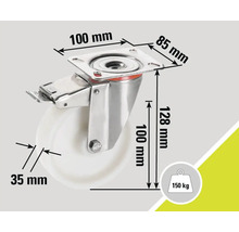 Lenkrolle mit Feststeller und den Maßangaben 100 mm, 85 mm, 128 mm und 35 mm sowie einer Traglast von 150 Kilogramm.