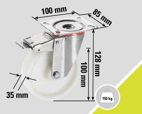 Lenkrolle mit Feststeller und den Maßangaben 100 mm, 85 mm, 128 mm und 35 mm sowie einer Traglast von 150 Kilogramm.