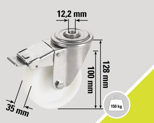 Lenkrolle mit Feststeller und Maßangaben: 12,2 mm Bolzen, 100 mm Höhe, 128 mm Gesamthöhe, 35 mm Radbreite, 150 kg Traglast