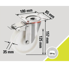 Lenkrolle mit Feststeller und Maßangaben