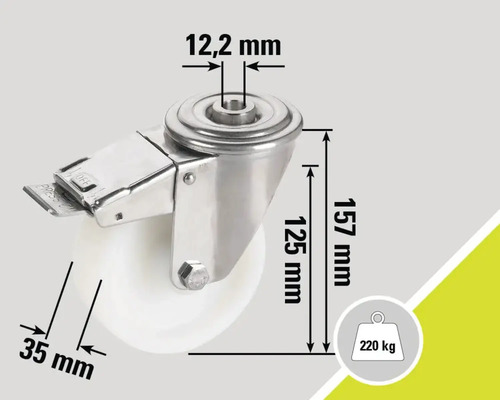 Lenkrolle mit Feststeller und Größenangaben