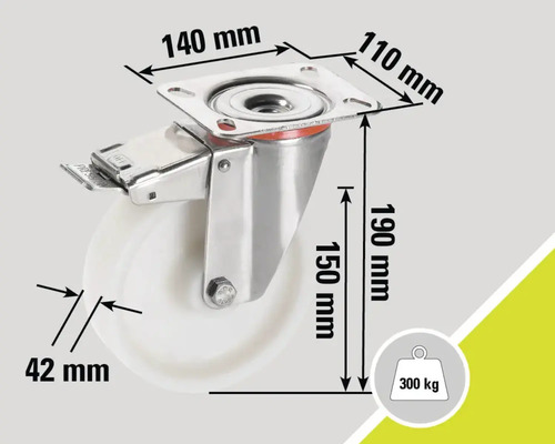 Lenkrolle mit Feststeller und den Massen 140 mm x 110 mm, 190 mm hoch, Rad Durchmesser 42 mm und Traglast bis zu 300 kg.