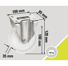 Rollenbock mit Rad, Abmessungen 100 x 85 x 128 mm, Raddurchmesser 35 mm, Traglast 150 kg
