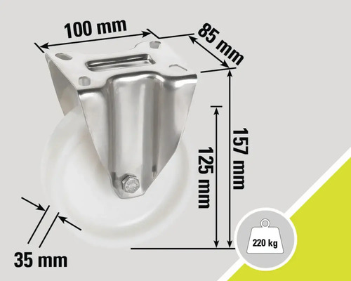Lenkrolle mit den Maßen 157 mm Höhe, 100 mm Breite, 85 mm Länge, 35 mm Raddurchmesser und 220 kg Traglast