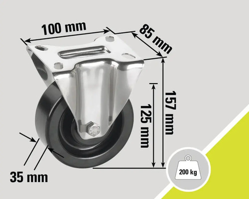 Rollenbock mit den Maßen 100 mm mal 85 mm, einer Bauhöhe von 157 mm, einer Rollenbreite von 35 mm, einem Rollendurchmesser von 125 mm und einer Traglast von 200 Kilogramm