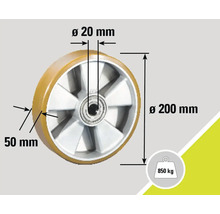 Rolle mit den Maßen 20 mm, 50 mm, Durchmesser 200 mm und einer Traglast von 850 kg