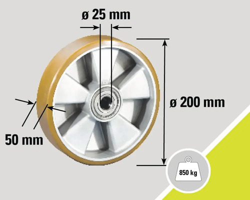 Rolle mit den Maßen 200 mm Durchmesser, 50 mm Reifenbreite, 25 mm Achsdurchmesser und 850 kg Traglast