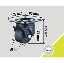 Schwenkrolle mit den Maßen 105 mm x 85 mm, einer Rollenhöhe von 75 mm und einer Rollengröße von 50 mm. Maximale Traglast 600 kg.