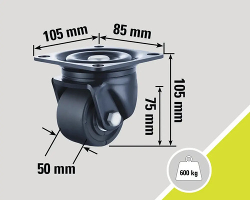 Schwenkrolle mit den Maßen 105 mm x 85 mm, einer Rollenhöhe von 75 mm und einer Rollengröße von 50 mm. Maximale Traglast 600 kg.