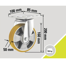 Lenkrolle mit den Massangaben 100 mm, 85 mm, 200 mm, 160 mm und 50 mm sowie der Traglast 550 kg