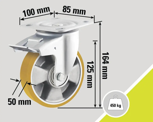 Lenkrolle mit Feststeller und Maßangaben
