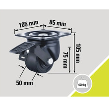 Schwenkrolle mit Bremse und den Maßen 105 mm x 85 mm (Platte), 105 mm (Höhe), 75 mm (Raddurchmesser) und 50 mm (Radbreite), Traglast bis 600 kg