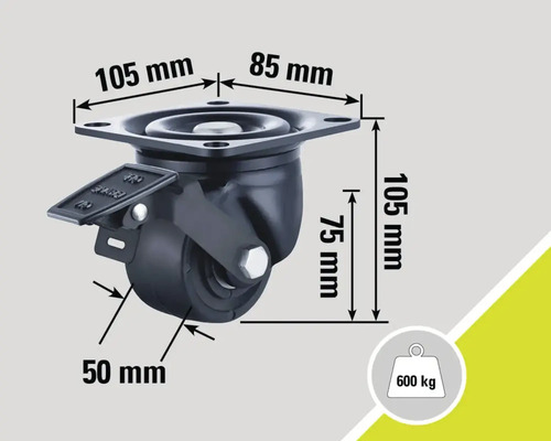 Schwenkrolle mit Bremse und den Maßen 105 mm x 85 mm (Platte), 105 mm (Höhe), 75 mm (Raddurchmesser) und 50 mm (Radbreite), Traglast bis 600 kg
