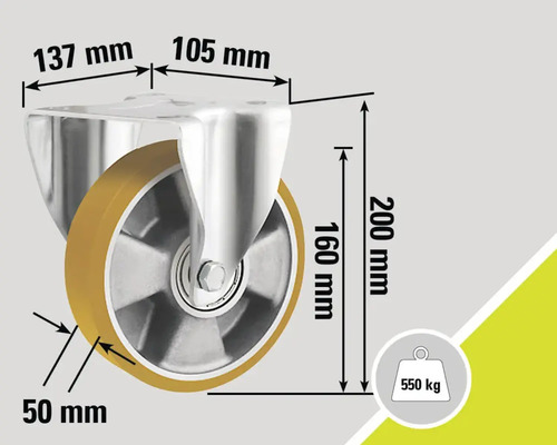 Rollenbock mit Maßangaben: 137 mm, 105 mm, 160 mm, 200 mm und 50 mm, Tragkraft 550 kg