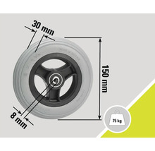 Graues Rad mit den Maßen 150 mm Höhe, 30 mm Reifenbreite und 8 mm Nabenbreite, maximale Belastung 75 kg