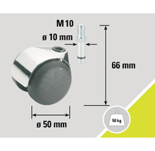 Möbelrolle mit Gewindestift M10, Durchmesser 50 mm, Traglast 50 kg