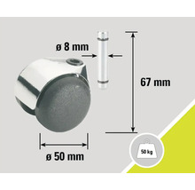 Möbelrolle mit Stift, Durchmesser 50 mm, Stiftdurchmesser 8 mm, Stiftlänge 67 mm, Traglast 50 kg