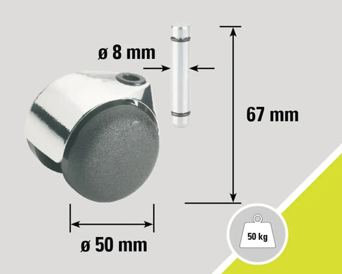 Möbelrolle mit Stift, Durchmesser 50 mm, Stiftdurchmesser 8 mm, Stiftlänge 67 mm, Traglast 50 kg