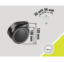 Möbelrolle mit den Maßen 100 mm x 120 mm, Befestigungsplatte 65 mm x 65 mm, Traglast 120 kg