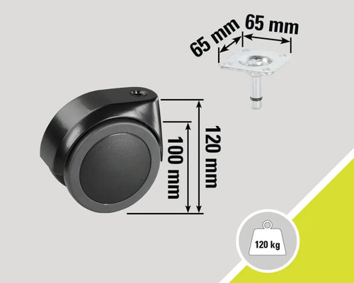 Möbelrolle mit den Maßen 100 mm x 120 mm, Befestigungsplatte 65 mm x 65 mm, Traglast 120 kg