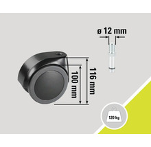 Stuhlrolle mit den Massen 100 Millimeter mal 116 Millimeter, Bolzendurchmesser 12 Millimeter, Tragkraft 120 Kilogramm