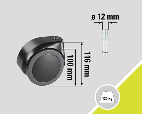 Stuhlrolle mit den Massen 100 Millimeter mal 116 Millimeter, Bolzendurchmesser 12 Millimeter, Tragkraft 120 Kilogramm