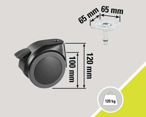 Möbelrolle mit Bremse und Angaben zu den Abmessungen sowie zur Traglast von 120 Kilogramm