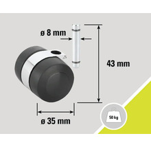Türstopper mit den Maßen 43 Millimeter Höhe, 35 Millimeter Durchmesser und 8 Millimeter Bolzendurchmesser, maximale Belastbarkeit 50 Kilogramm