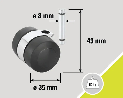 Türstopper mit den Maßen 43 Millimeter Höhe, 35 Millimeter Durchmesser und 8 Millimeter Bolzendurchmesser, maximale Belastbarkeit 50 Kilogramm