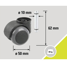 Möbelrolle mit Stift, Durchmesser 50 mm, Stiftdurchmesser 10 mm, Stiftlänge 62 mm, Tragkraft 40 kg