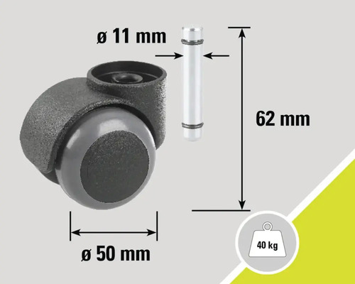 Möbelrolle mit Stift, Durchmesser 50 Millimeter, Stiftdurchmesser 11 Millimeter, Stiftlänge 62 Millimeter, Belastbarkeit 40 Kilogramm