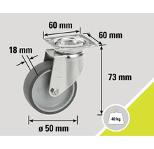 Rollenansicht mit Maßangaben: 50 mm Raddurchmesser, 60 mm Plattengröße, 73 mm Bauhöhe, 18 mm Radbreite und 40 Kilogramm Traglast