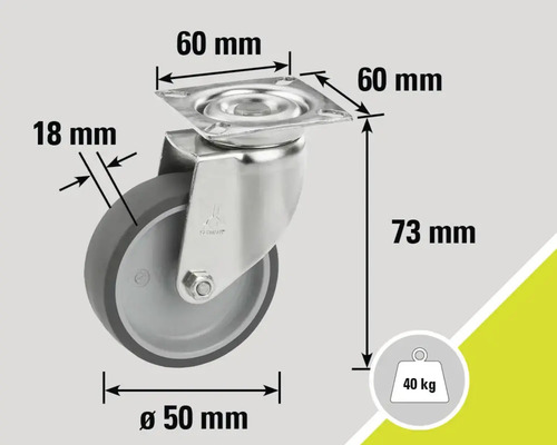 Rollenansicht mit Maßangaben: 50 mm Raddurchmesser, 60 mm Plattengröße, 73 mm Bauhöhe, 18 mm Radbreite und 40 Kilogramm Traglast