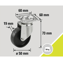 Rolle mit 50 Kilogramm Traglast und den Maßen 60 mm mal 60 mm, Raddurchmesser 50 mm