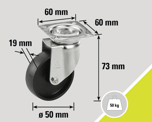 Rolle mit 50 Kilogramm Traglast und den Maßen 60 mm mal 60 mm, Raddurchmesser 50 mm