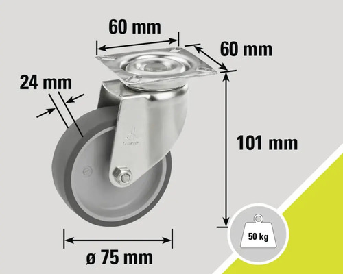 Lenkrolle mit den Maßen 60 mm x 60 mm, Raddurchmesser 75 mm, Radbreite 24 mm und einer Höhe von 101 mm, Traglast 50 kg