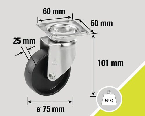 Lenkrolle mit den Maßen 60 mm mal 60 mm, 25 mm, 75 mm Durchmesser und 101 mm, Belastbarkeit bis 60 kg