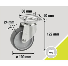 Lenkrolle mit den Maßen 60 mm x 60 mm, Raddurchmesser 100 mm, Radbreite 24 mm, Bauhöhe 122 mm und einer Traglast von 55 kg